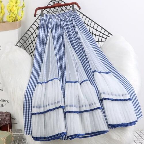 Autumn Women Skirt Stitching Irregular Splice Mesh Polyester Ruffles A-line Skirt Ladies Casual Skirt Mid-calf Pleated Skirt