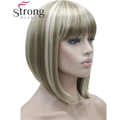 StrongBeauty Short Straight Blonde Highlighted Bob with Bangs Synthetic Wig Black Brown Red Womens Wigs COLOUR CHOICES