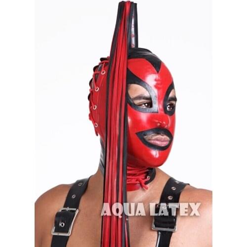 Cinched Ponytail Cat Mask Rubber Latex Hood with Corset Lacing Long Latex Hair bdsm bondage restraints bdsm mask bdsm tails