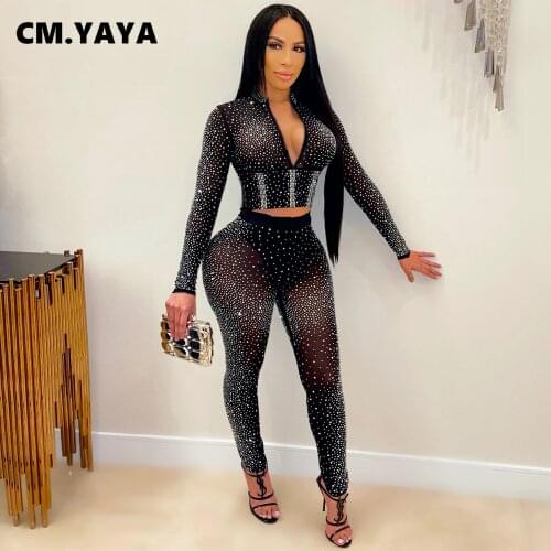 CM.YAYA Women Hot Rhinestones Mesh See Though Sweatsuit High Streetwear Pants and Tops Matching Two 2piece Set Tracksuit Outfit