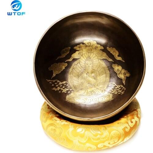 Tibetan Singing Bowls Chakra Set Handmade Mantra Buddha Pattern Yoga Meditation with Silk Mat and Mahogany Stick