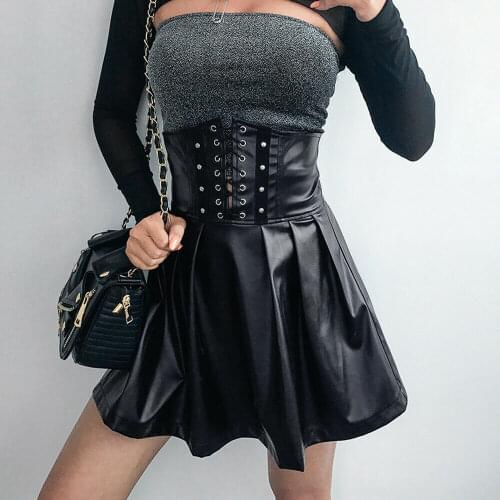 High Waist Autumn Punk Style Skirt For Women Bandage Sexy PU Skirt Col irl Waist Belt Seal Black Skirts Women Clothes Streetwear