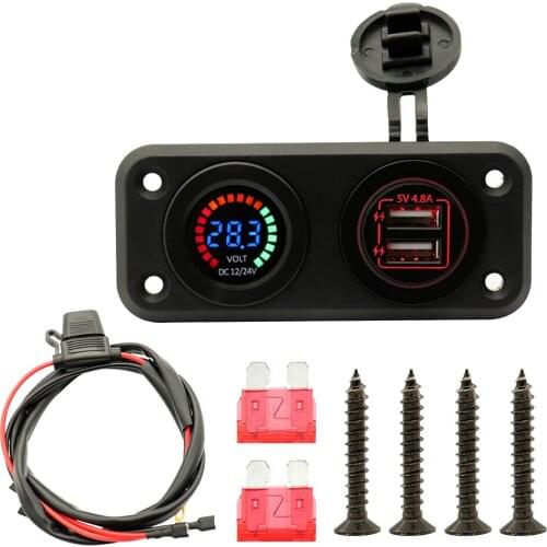 12V -24V Dual USB Charger Power Adapter + LED Voltmeter for Car Boat Marine with Safe Alarm