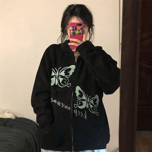 Butterfly Graphic Black Hooded Sweatshirts Y2K Long Sleeve Zip Up Oversized Hoodies Women Streetwear Casual Loose Jackets