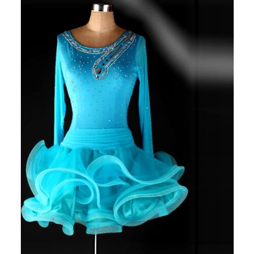 Adult female Latin dance costumes red blue black pink dress salsa tango cha cha ballroom rhinestone dance dresses
