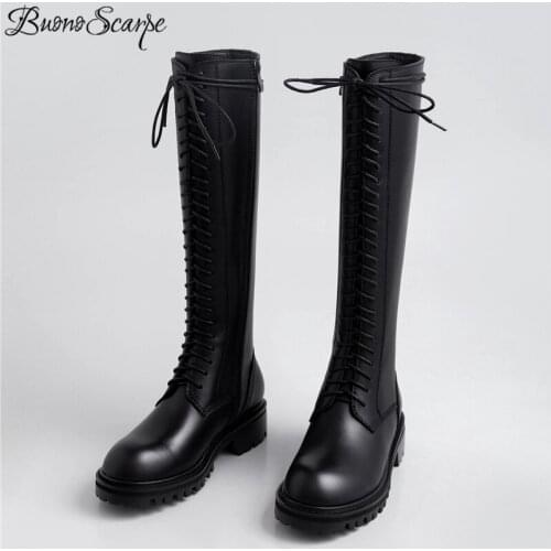 Buono Scarpe New Black Motorcycle Boots Cross Tied Women Genuine Leather Boots Lace Up Knee High Punk Botas Fenimina Zipper Shoe
