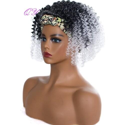 QY Hair Headband Wigs For Women Short Curly Black Ombre White Colorful Wrap Turban Synthetic Curly Hair