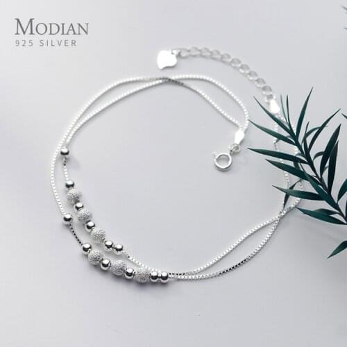 Modian Sterling Silver 925 Rose Gold Color Frosted Ball Light Beads Anklet for Women Snake Bone Chain Korea Style Fine Jewelry
