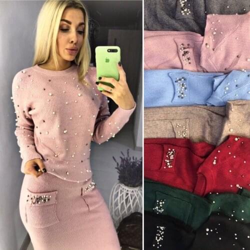 Autumn Winter Keep Warm Two Piece Sets Long Sleeve Pearls Sweater Pockets Skirts Set Women Knitted Beading Spliced Casual Suit