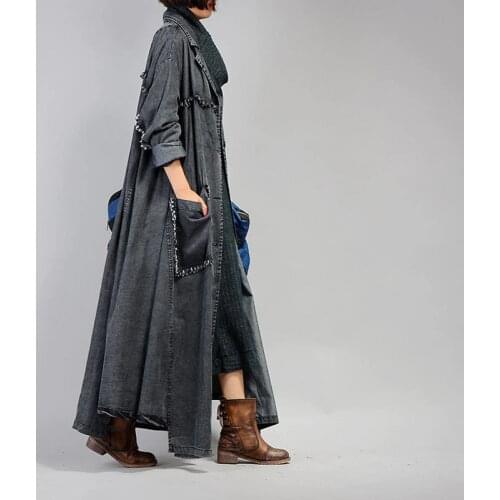 Autumn New Womens Original Retro Denim Long Windbreaker Loose Temperament Wild Irregular Long Denim Coat Fringe Vintage X-long Trench Coat Female Jeans Outwear Runway Overcoat f1935