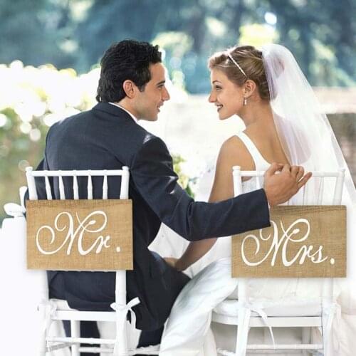 2pcs/set Mr Mrs Burlap Chair Banner Rustic Vintage Wedding Decoration Anniversary Event Party Photo Props Suplies Home Decor
