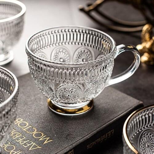 450ML Glass Coffee Mug Nordic Style Floating Carved Glass Lead-Free Glass Tea Cup Dessert Glass Bowl With Handle Office Milk Cup