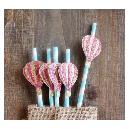 Glitter Hot Air Balloon up up away birthday Stripe Paper Straws baby shower wedding Gender Reveal baptism tea party straw