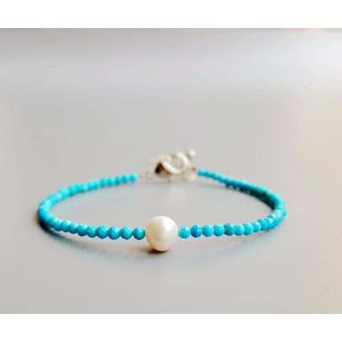 Lii Ji Turquoises Freshwater Pearl Beads Bracelet Natural Stone Popular Jewelry for Women Nice Gift 16+5cm