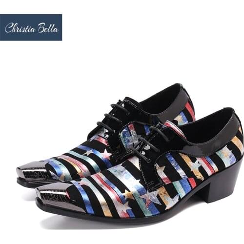 Christia Bella Italian Print Party Men Oxford Shoes Real Leather Wedding Dress Shoes Mid Heel Lace Up Formal Shoes Male Brogues