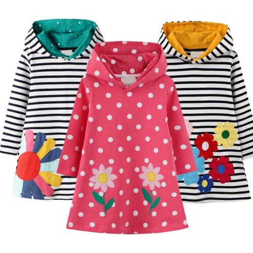 Children Floral Dress Toddler Girls Stripe Princess Dress Fashion Baby Cotton Long Sleeve Polka Dot Hooded Clothing Kid Costume