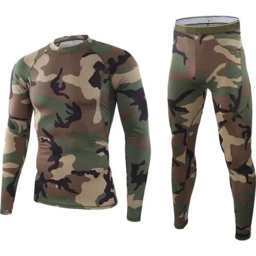 Men Camouflage Print Long Sleeve Top Pants Outfit Winter Thermal Underwear Set