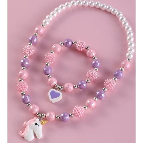 Unicorn Bracelet Necklace Set Resin Pendant Acrylic Children Beads