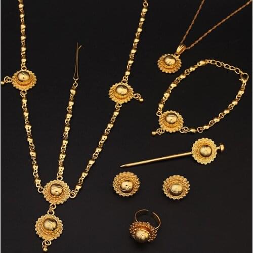 Ethiopian Gold Color Necklace Pendant Earrings Ring Hairpin Bracelet Hair Sudan Eritrea Christian Jewelry