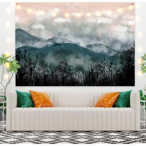 Dark Green Mountain Tapestry Vintage Exotic Summer Plant Nature Frame for Bedroom Photography Wall Decor