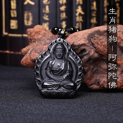 Natural Black Obsidian Eight Guardian Deities Pendant Fashion Jewelry Men and Womens 12 Zodiac Benming Buddha Necklace