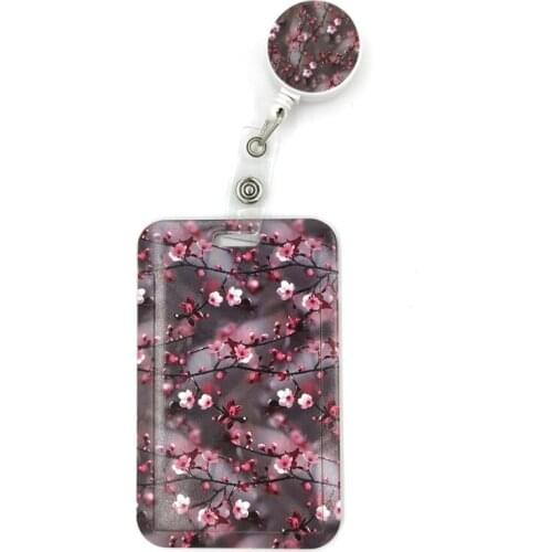 Plum blossom Tree Flowers Cartoon Cute Credit Card Holder Lanyard Women Men Kid Student Retractable Badge Reel ID Name Bus Clips