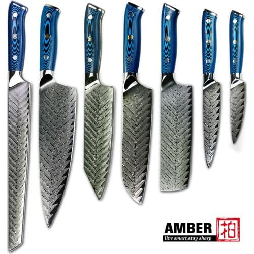 Amber Damascus Steel Kitchen Knife Set Japan Professional High Carbon Steel Chef Cleaver Bread Santoku Steak Knife For cooking