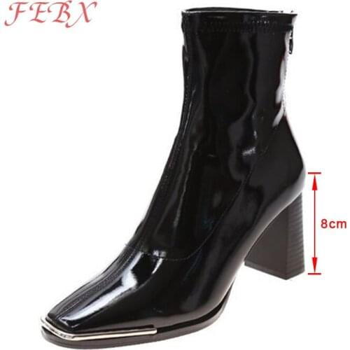2021 New Winter Women Boots Zip Square Toe Solid Pu Leather Fashion Ankle Boots Ladies High Heels Outdoor Party Womens Shoes