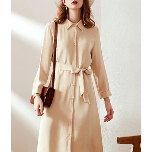Spring 30M Heavy Natural Silk Dress 100% Real Silk Women Long Sleeve Sashes Shirt Dresses M L XL FREE SHIPPING