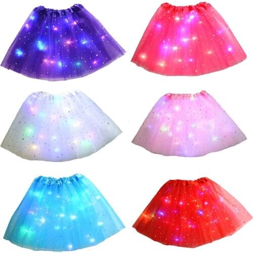 Kids Girls Glitter Star Sequins Ballet Dance Tutu Skirt LED Light Up Neon Colorful Layered Tulle Dress Party Custome Christmas