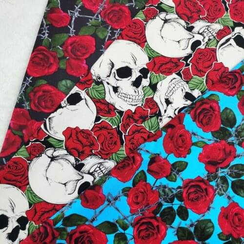 30cm Width Flower Skull & Blue Black Red Blooming Rose Flower Printed Cotton Spandex Fabric Bundle Stetchable Fabric DIY Sewing