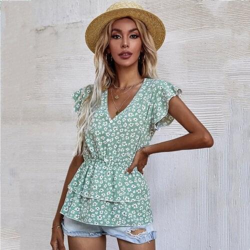 Office Lady Summer Top V-Neck Ruffled Splicing Waist Small Chrysanthemum Print Short-Sleeved Women Blouse Top Femme Blusas 2021