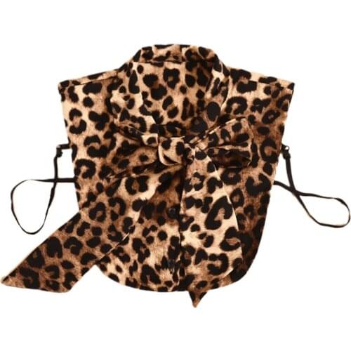 Women Vintage Leopard Print False Collar Detachable Dickey Blouse Elegant Office Lady Bow Tied Neck Half Shirt Crop Top