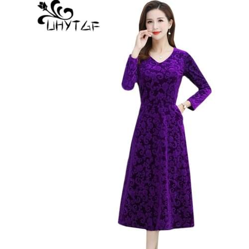 UHYTGF Women dresses fashion Gold velvet long-sleeved spring autumn dress Korean long dress elegant loose plus size dresses 1538
