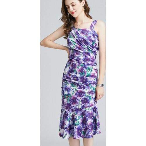JSXDHK Summer Fashioh Holiday Mermaid Dress 2021 New Runway Women Spaghetti Strap Purple Flower Print Bodycon Ruffles Dresses