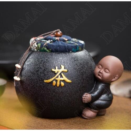 Retro Ceramic Tea Tin with Lid Monk Decoration Porcelain Tea Leaf Storage Container Dried Fruit Candy Tank Coffee Table Teaware