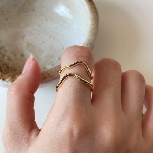 18K Gold 100% REAL. Authentic S925 Sterling Silver Jewelry Golds /White Double Rows Wave Lines Ring TLJ1251