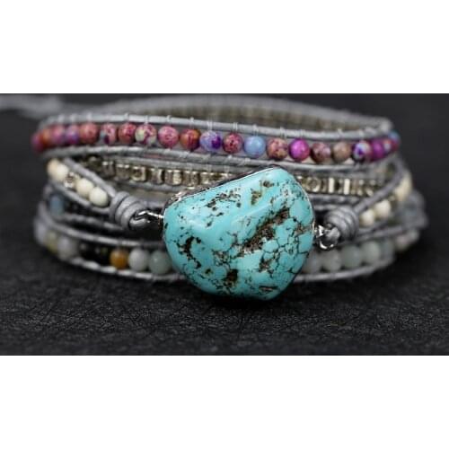 2021 newest Unique Mixed Natural Stones turquoises Charm 5 Strands Wrap leather Bracelets Handmade Boho Bracelet drop shipping