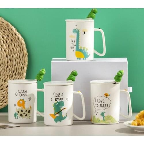 420ml Cartoon dinosaur Coffee Mug Creative Cute Couple Cup Milk Cup Office Cup with Lid Spoon Girl Gift Ceramic Cup