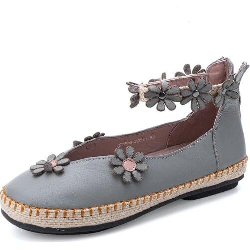 Women Natural Genuine Leather Ballet Flats Sneakers Women Oxford Shoes Slip On Round Toe applique flower Casual shoes for women