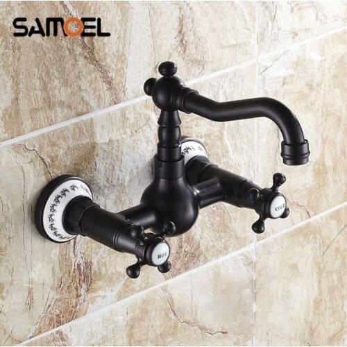 Black Bronze Wall Mounted Copper Faucet with ceramic Dual Handle swivel mixer taps B3228