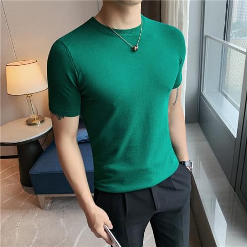 British Style Summer Short Sleeve Knitted T Shirts Men Clothing 2021 Simple O-Neck Casual Slim Fit Tee Shirt Homme Streetwear