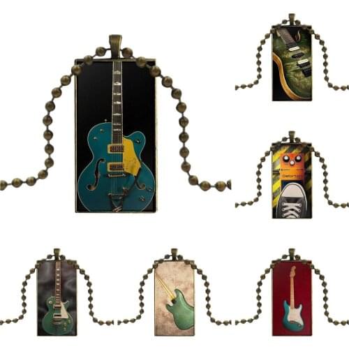 Guitar Pedal Green Hardshell For Girls Wholesale Glass Cabochon Jewelry Bronze Color With Long Pendant Choker Rectangle Necklace