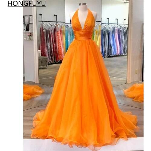 HONGFUYU Tangerine Halter Organza Prom Dress Sleeveless Pleated vestido de fiesta de boda Backless Formal Evening Dresses платье