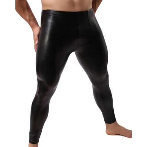 Men Long Johns Mens Warm Pants Thin Elastic Line of Mens Fashion Faux Leather Sexy Gay Underwear Tight Legging Long Johns