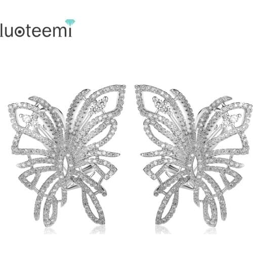 LUOTEEMI Classical Fashion Jewelry White Gold-Color Cubic Zircon Earrings Refinement Butterfly Charms Stud Earrings for women