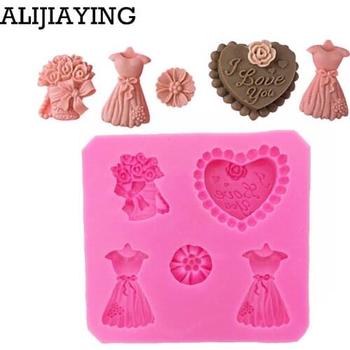 M0220 Flower love chocolate and wedding dress Silicone Mould Wedding Cake Mold Fondant Cupcake Moulds Pastry Tools Sugar