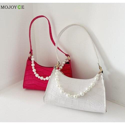 Fashion Women Pure Color Alligator Pattern Shoulder Underarm Bags Casual Ladies Pearl PU Leather Small Hobos Handbags