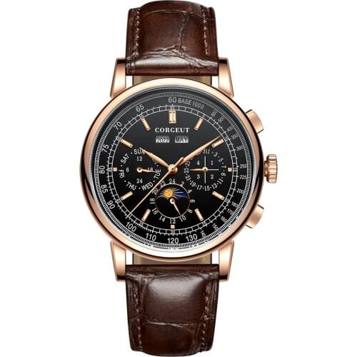Corgeut 42mm mens Automatic watch Black Dial gold case moon phase calendar Multifunction leather strap mechanical Male watch