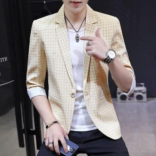2021 Mens British-Style Mid-Sleeve Plaid blazer Youth Summer Trendy Handsome Three-Quarter Sleeve Slim Fit blazer